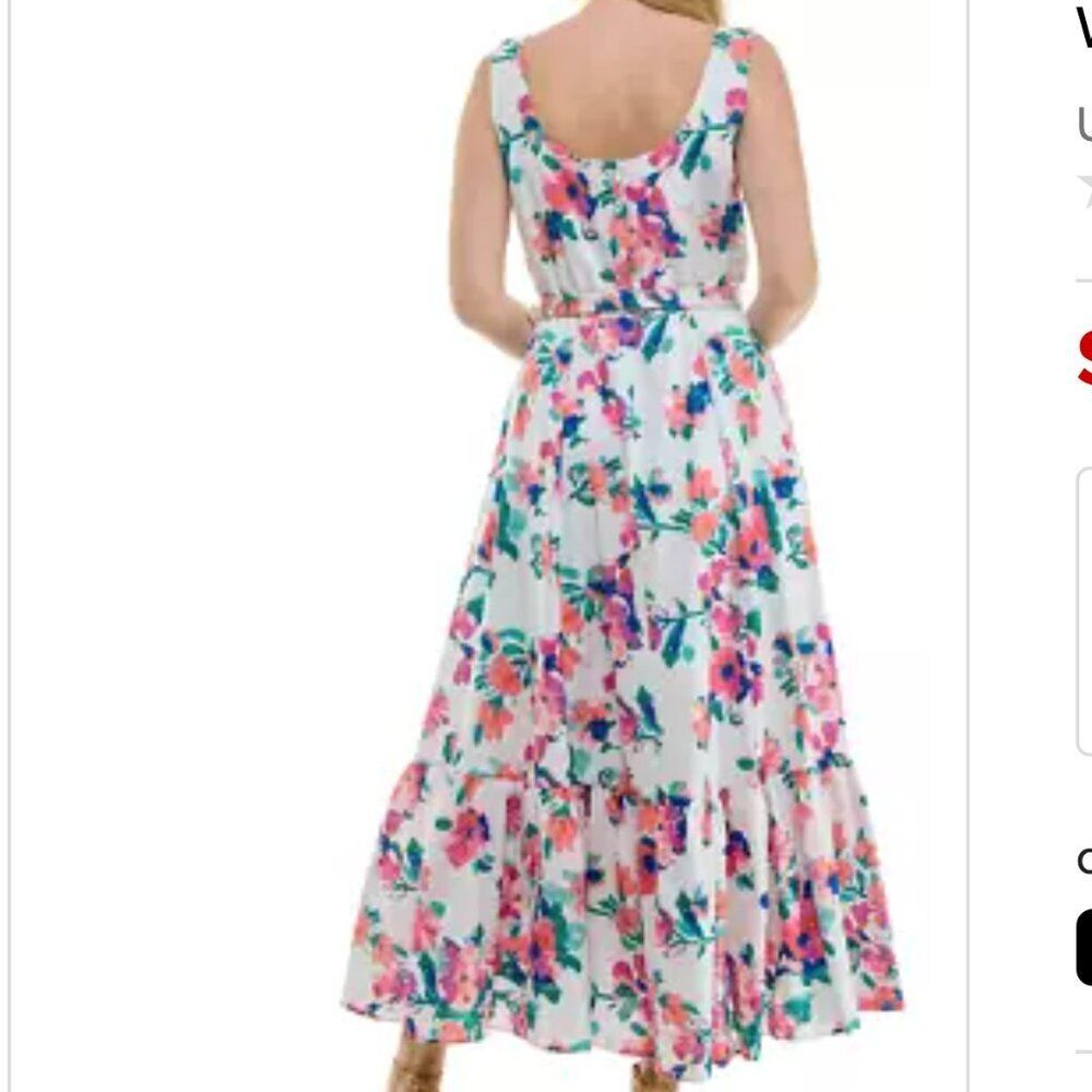 NWT TAYLOR Belted Scoop Neck Dress White Floral Ruffle Skirt Misty Rose Size 12 - Picture 2 of 13